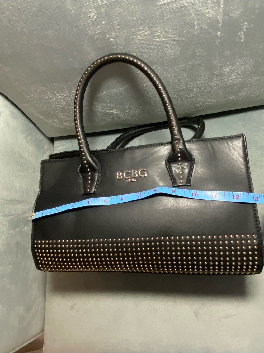 BCBG Paris Black Satchel with Gold Stud Accents, dual handles, EUC - Picture 17 of 17